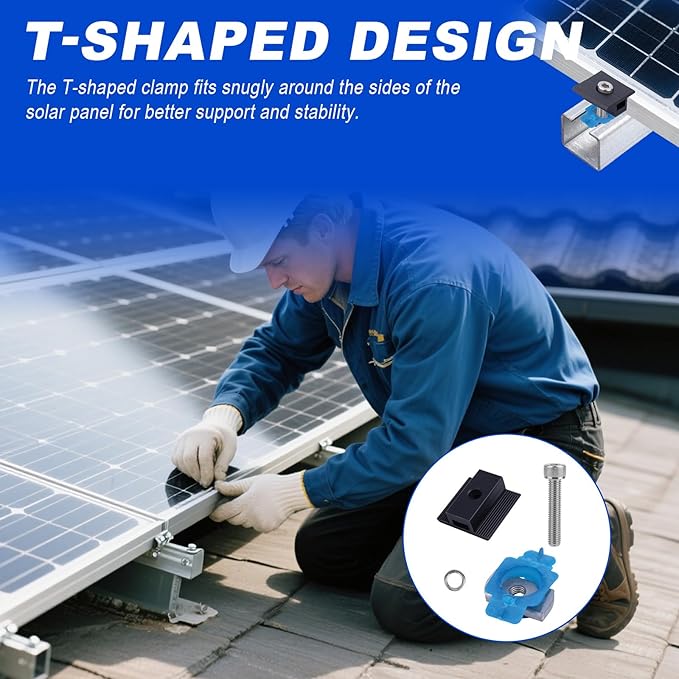 10pcs Solar Panel Mid Clamps for Unistrut, 30mm/35mm Aluminum Mounting Brackets Black Roof Mount Kit Hardware for Metal/Tin/Flat/Sheet Roof and RV Solar Panel Installation