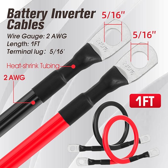 2 AWG Battery Cable 2AWG Gauge Battery Inverter Cables for Automotive Solar Marine Boat RV Car Motorcycle (2 AWG, 1FT, 5/16")