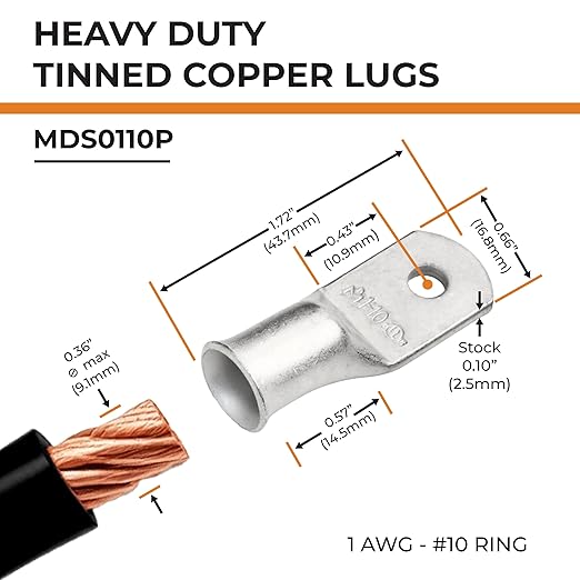 SELTERM 10pcs 1 AWG-#10 Stud Tinned Copper Wire Lugs, Heavy Duty Battery Cable Ends,1 Gauge Ring Terminals, UL Battery Lugs Marine Grade Copper Eyelets Electrical Battery Terminal Connectors