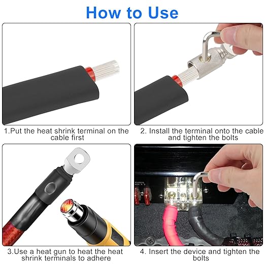 Linkstyle 4PCS 0 Gauge Screw Ring Wire Terminal Connectors, 1/0 AWG Car Battery Cable Audio Amplifier Wire Butt Connectors, with Wrenches Screws Heat Shrink Tubing