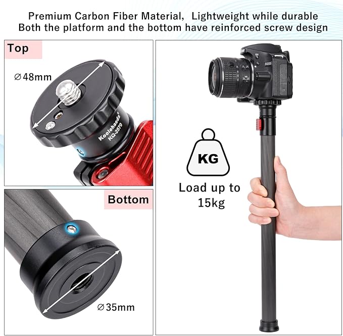 Koolehaoda Tripod Extender 2 Section Center Column Extension 28" Carbon Fiber Telescopic Stick Rod with 1/4" to 3/8" Screw Compatible with Tripod/Monopod/Gimbal/Camera, Max Load 33lb