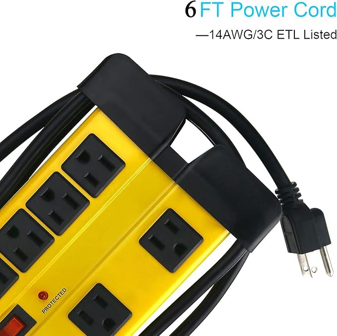 CCCEI Heavy Duty Surge Protector - 8 Outlet Power Strip with 1200 Joules, Metal with 6FT Extension Cord and Wide Spaced, Yellow