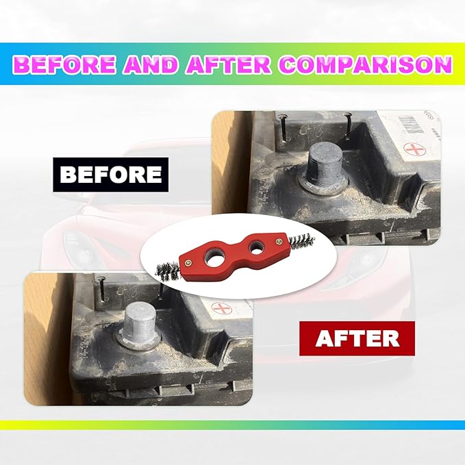 4 in 1 Car Battery Terminal Cleaners Anti-Corrosion Steel Wire Brush Heads, Cleans Inside Outside Thread, for Battery Terminals Machine Parts Cleaner Tool for Automotive and Marine(Red