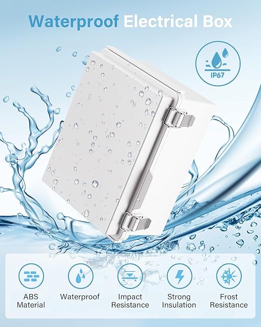 GEVEELIFE Waterproof Junction Box ABS Plastic, Outdoor Electrical Box IP67 Hinged Cover Project Box with Mounting Plate Wall Brackets and 2 Cable Glands, Grey Electrical Enclosure 10.5"x6.5"x5.3"