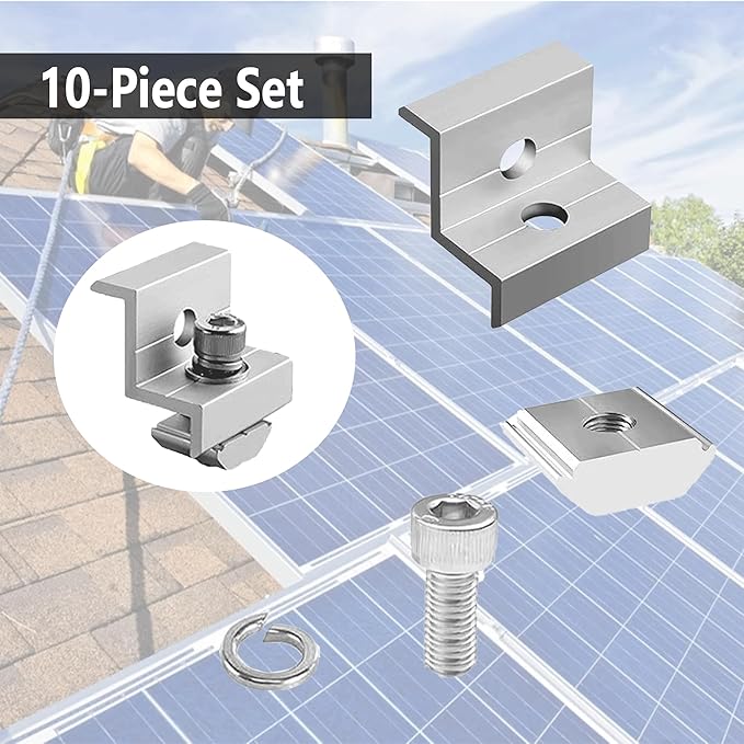 10pcs Solar Panel End Clamp for Standar, Aluminum 30mm/35mm Solar Panel Brackets, Solar Panel Mounting Kit for Metal Roof, Tin Roof, Flat Roof, Sheet Roof, Silver