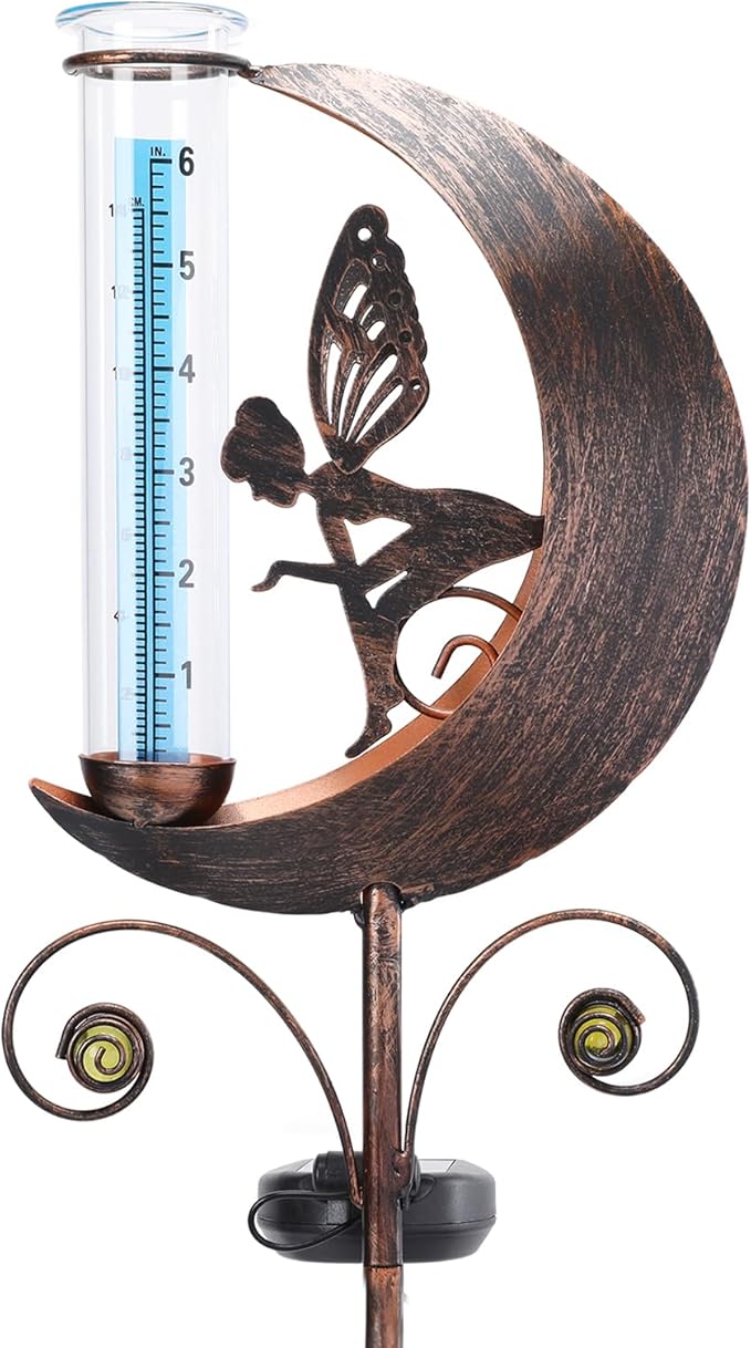 WONDER GARDEN Solar Rain Gauge Outdoor, Decorative Moon Fairy Rain Gauges Outdoors Best Rated, Freeze Proof Water Rain Measure Gauge for Yard Patio Lawn Garden Decor