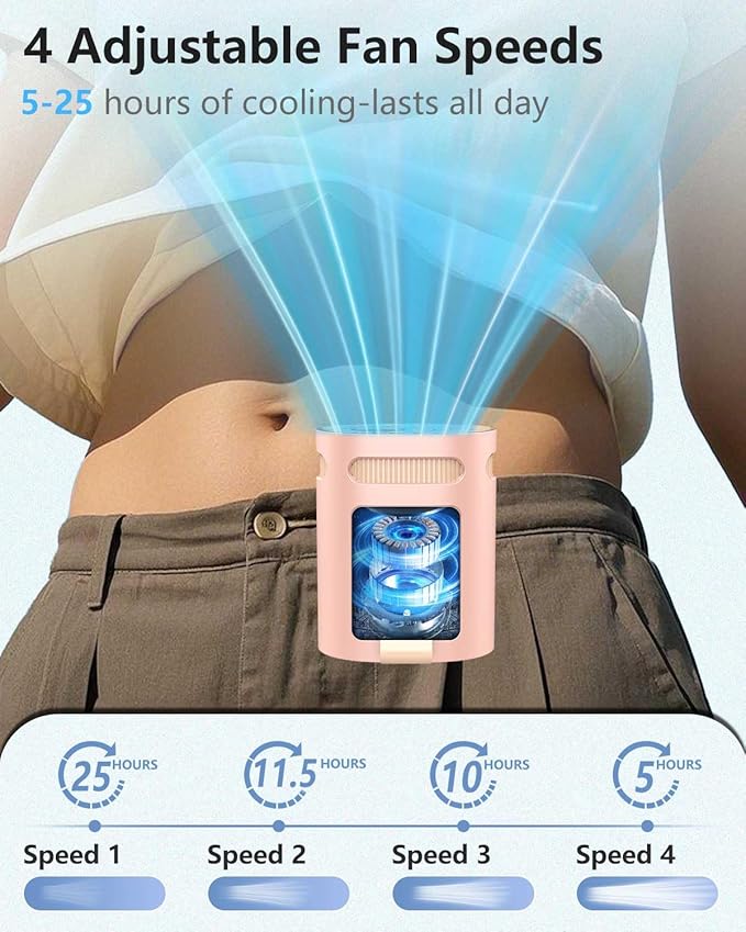 Belt Fan Clip on Waist Portable Cooling Fan-Individual Personal Noiseless Cooler Under Clothes Tshirt Hip Pants Back,Summer Hot Flashes Wear around Your Neck for Adult Outside Walking Working Pink