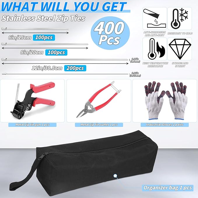 400PCS Metal Zip Ties Gun Kit, 6/8/12 Inch Heavy Duty Metal Zip Ties, Multi-Purpose Self-Locking Cable Tie Tool Set for Vehicles Farms Plants Fences Pipe Bundling, Scissors