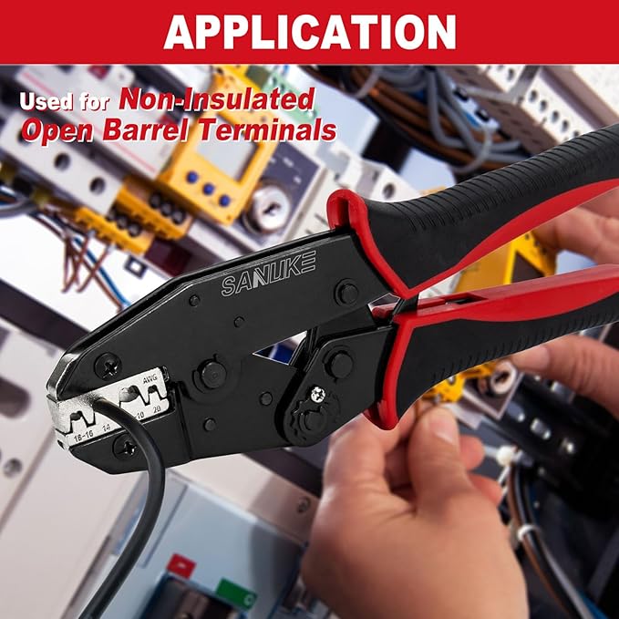 Sanuke Ratchet Crimping Tool for Non-Insulated Open Barrel Terminals & Receptacles, AWG 22-10 Ratcheting Wire Crimper, Electrical Terminal Crimp Pliers