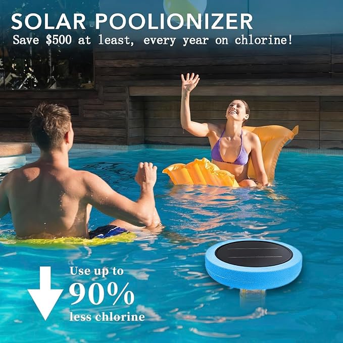 Solar Pool Ionizer - Enhanced with Latest Solar, 90% Less Chlorine, for Pools up to 45,000 Gal, Technology & Longer-Lasting Anode, Reduces Chlorine- Mineral-Based Pool Cleaning Device (Blue)