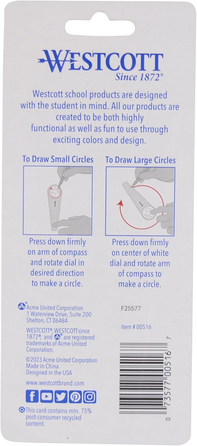 Westcott 00516 Safety Compass for Geometry, Drafting, Classrooms, Crafters and Artists, Shatterproof, Translucent Drawing Compass Creates Perfect Circles from 1/4-Inch to 10 Inches