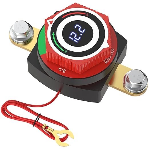 Side Post Battery Disconnect Switch 12V with LED Voltmeter, DC5-80V Car Battery Disconnect Switch Kill Switch for Car, RV, Boat, Marine On Off Battery Cut Off