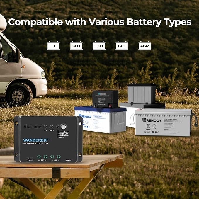 Renogy 12V 30A PWM Solar Charge Controller – Wanderer Li with Temp Sensor, 4-Stage Charging for Lithium/Gel/Flooded Batteries, Overload/Short Circuit/Reverse Polarity Protection