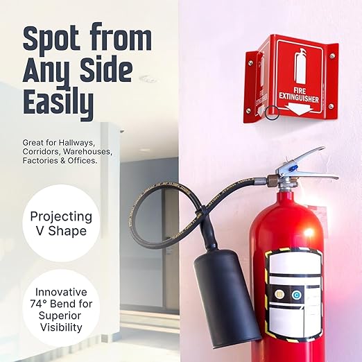 SmartSign (4-Pack) Fire Extinguisher Projecting Sign with Down Arrow - 5" x 6", Two-Sided Wall Mount Polished Acrylic Corridor V-Sign, White on Red