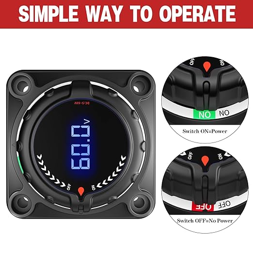 VSTM Upgrade Battery Disconnect Switch with Digital Voltage Display, DC 5-60V, Power Master Isolator Cut Off Switch for Car Truck Marine Boat RV Camper Trailer (Upgrade Black)