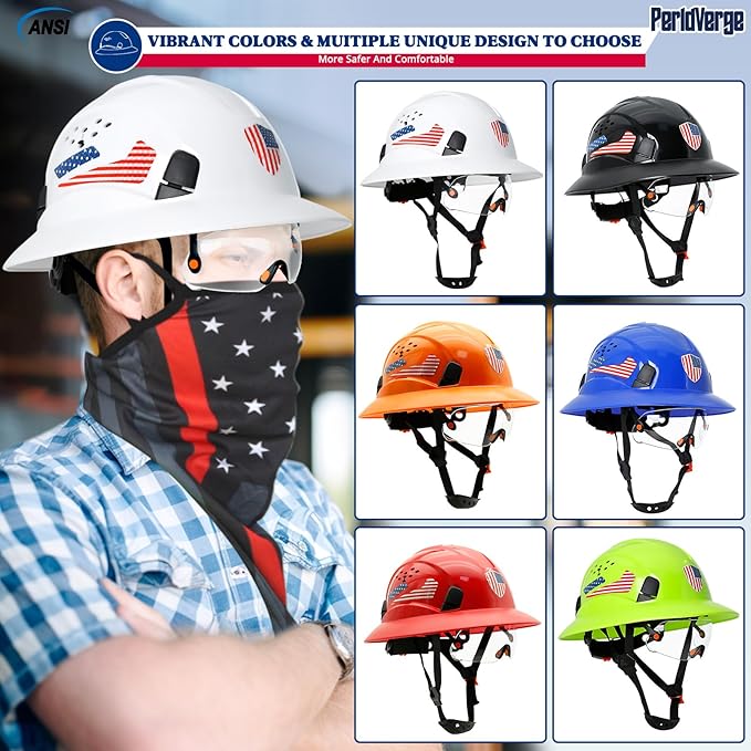 Full Brim Hard Hats Construction OSHA Approved with Visor-Vented Hard Hat with Neck Gaiter with Ear Loops,Safety Hard Hats for Men with Chin Strap ANSI Z89.1 Type 1 Class C,6-pt Suspension
