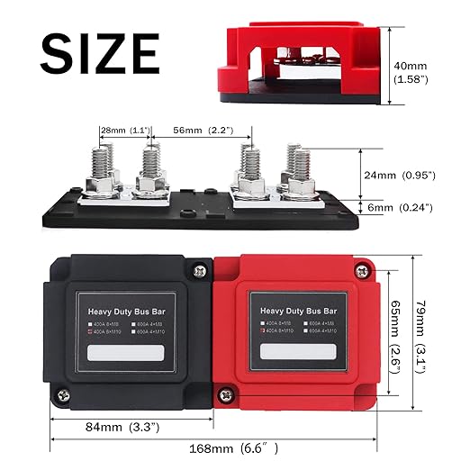 400A Power Distribution Block Bus Bar Pair with Cover Marine Bus Bar, Automotive, and Solar Wiring 8x3/8 M10 Studs Heavy Duty Power