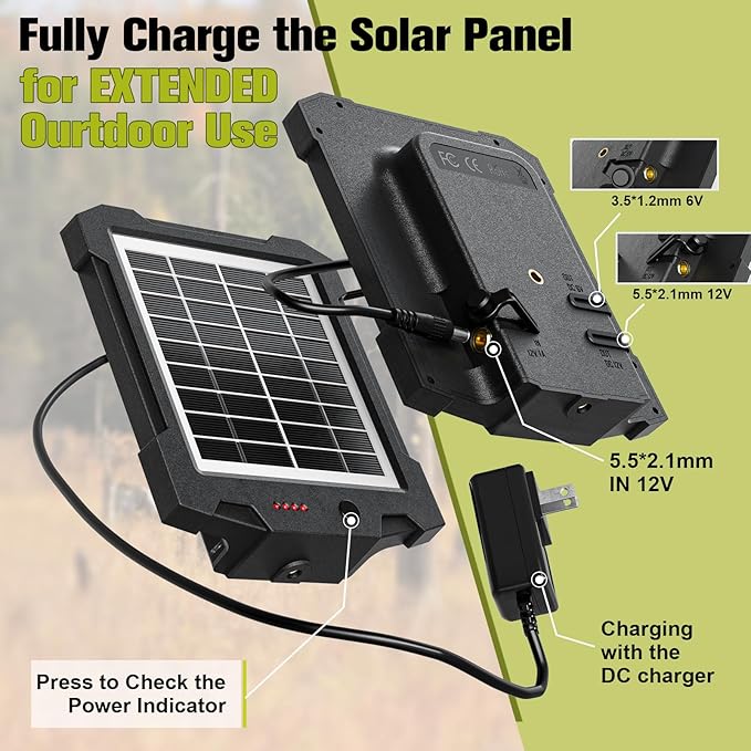 6V/12V Solar Panel for Trail Cameras, Deer Feeders & Outdoor Devices – 2000mAh Built-in Battery, IP66 Waterproof, with Mounting Bracket & Strap, Game Camera Solar Panel Charger