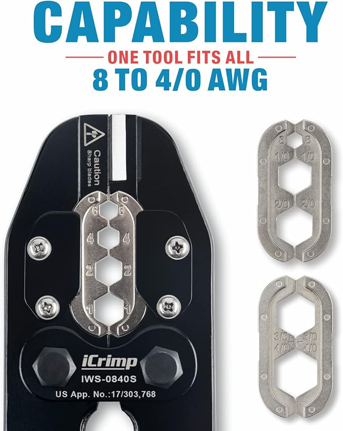 iCrimp Battery Cable Lug Crimping Tool Kit for 8, 6, 4, 2, 1,1/0, 2/0, 3/0, 4/0 AWG Copper Ring Terminals, Battery Cable Ends, Copper Splice, c/w Radial Wire Stripper