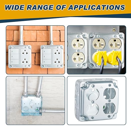 4 Set 4 × 4" Electrical Junction Box with Cover Electrical Metal Outlet Box, 21.0 Cu. in. Capacity Receptacle Exposed Work Cover, 1-1/2'' Deep(Double Duplex)