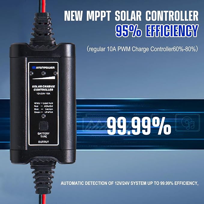 10A MPPT Solar Charge Controller, ATEM POWER 12/24 Volt Intelligent Portable Solar Panel Controller for Solar Panels, Solar Regulator with LED Indicate for Gel AGM Lead-Acid, LiFePO4, Lithium Battery