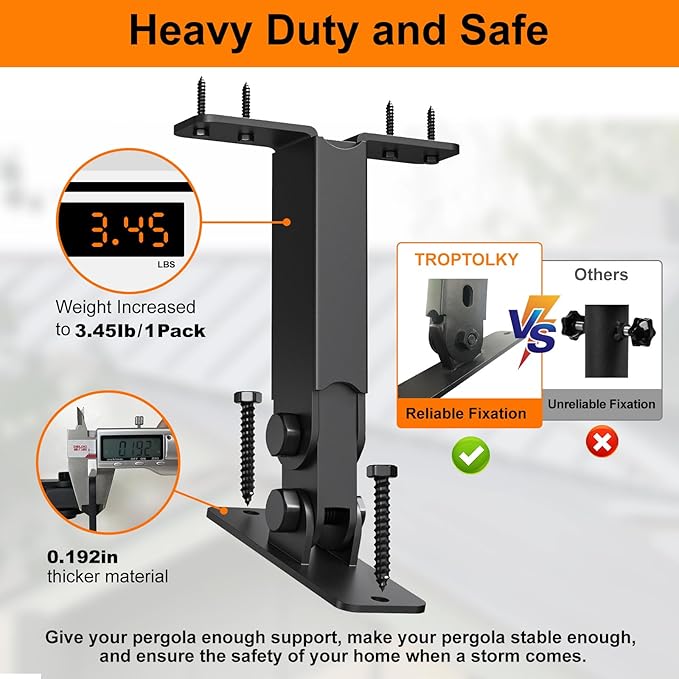 Heavy Duty Roof Riser Brackets Kit, TROPTOLKY Adjustable Height Angle Pergola Brackets, Black Metal Roof Riser Beam Bracket for Roof Pergola Gazebo Patio Cover (1 Pack)