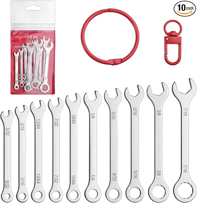 10Pcs Ultra-Thin Standard SAE 5/32"-7/16" Mini Wrench Set Stainless Steel Combination Wrenches Open End and Box End Combination Wrench Ignition Wrenches with Circle Ring,Gate Clip in Pouch