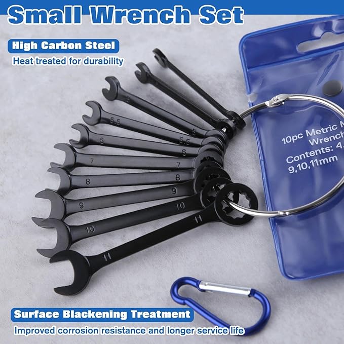 10PCS Mini Wrench Set Standard Metric 4mm-11mm Ignition Wrenches Open End and Box End Combination Wrench Set with Portable Pouch and Key Rings, Black Electrophoretic Coating