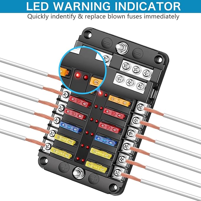 12 Way 12V Blade Fuse Block,12 Circuit ATC/ATO Fuse Box Holder with LED Indicator Waterpoof Cover for 12V/24V Automotive Truck Boat Marine RV Van Vehicle