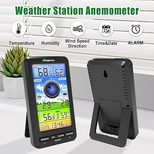 Urageuxy Wireless WiFi Weather Station Anemometer with Solar Wind Speed/Direction, and Indoor Outdoor Thermometer and Hygrometer