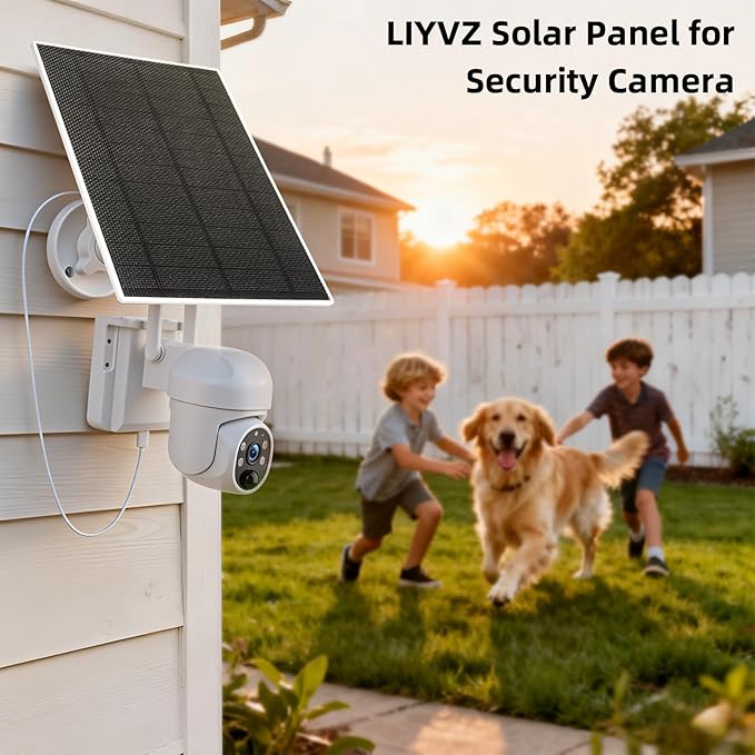 LIYVZ 5W Solar Panel for Security Camera 5V with Battery 8000mAh, 3-in-1 DC 3.5 * 1.35mm & Micro USB & USB C Solar Panel, High Efficiency ETFE Film, IP65 Waterproof, 10 Feet Cable