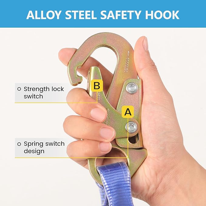 Heavy Duty Fall Protection Rope for roof & tree climbing. Includes safety harness, alloy steel clips, shock-absorbing lanyard