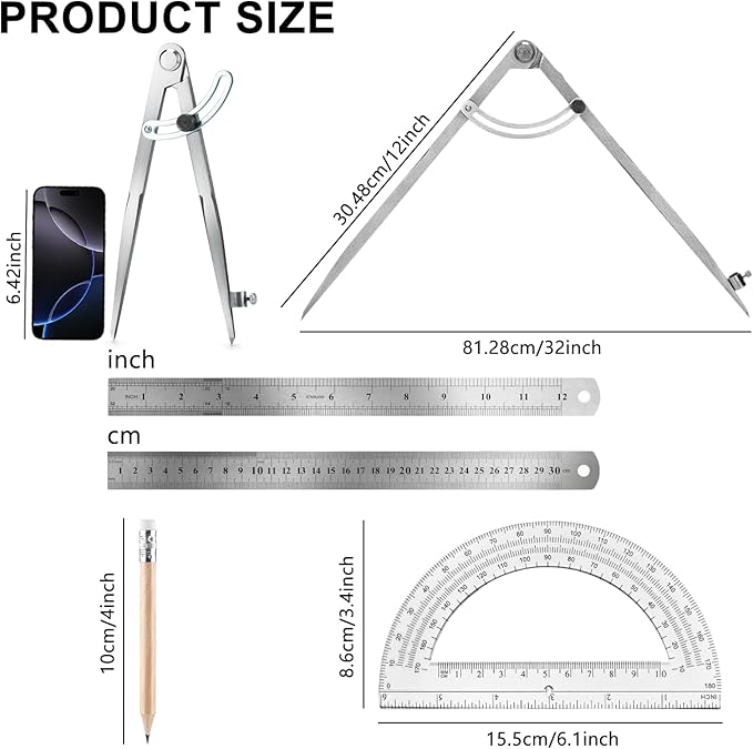 Compass Geometry Tool, Drawing Compass, Professional 12 Inch Large Compass with Wing for Woodworking, 6 Inch Protractor, 12 Inch Ruler, 2 Pencil for Carpenter, Drafting
