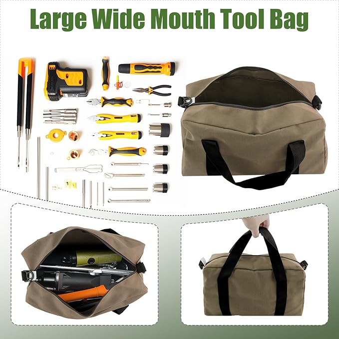 Small Tool Bag,Close Top Wide Mouth Tool Organizer Bag,Large Capacity Tool Bags for Men,Canvas Tool Storage Bag for Storage Handbag for Screwdrivers,Wrench,Pliers Hand Tools (Khaki, 16 Inch)