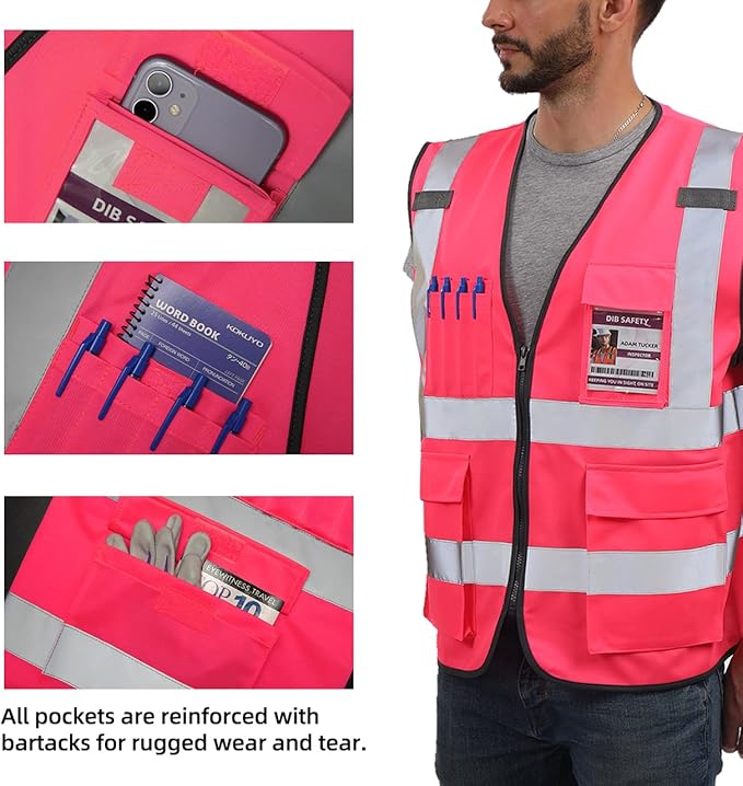 Dib Safety Reflective Vest ANSI Class 2, High Visibility Vest with Pockets and Zipper, Construction Work, Hi Vis