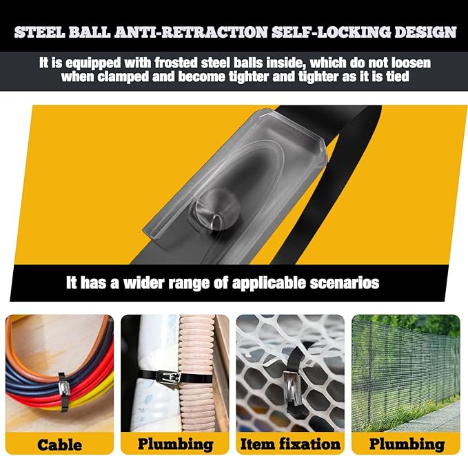 Black Metal Zip Ties Heavy Duty Outdoor 11.8 Inch 100pcs 304 Stainless Steel UV-Resistant Cable Ties for Chain Link Fence Parts, Poultry Fence Fixing & Exhaust Wrapping