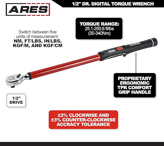 ARES 43001-1/2-Inch Drive Electronic Digital Torque Wrench - 25.1-250.8 ft/lbs (30-340Nm) - Reversible Sealed Head - Multi-Alert System Prevents Over-Torquing