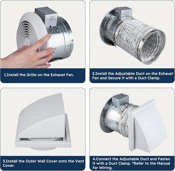 Quini 512M 6-inch Through Wall Exhaust Fan, 80 CFM 4.0 Sones, Bathroom Wall Exhaust Fan, Kitchen Ventilation Fan, 6-inch Diameter Vent, Retractable Duct