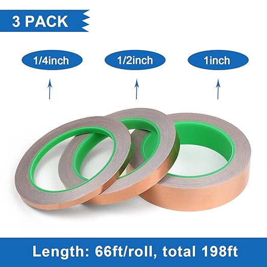 BOMEI PACK Copper Foil Tape 3 Pack (1.97mil x 1inch 1/2inch 1/4inch x 66ft) with Conductive Adhesive for Electrical Repairs, Guitar, Stained Glass, Paper Circuits