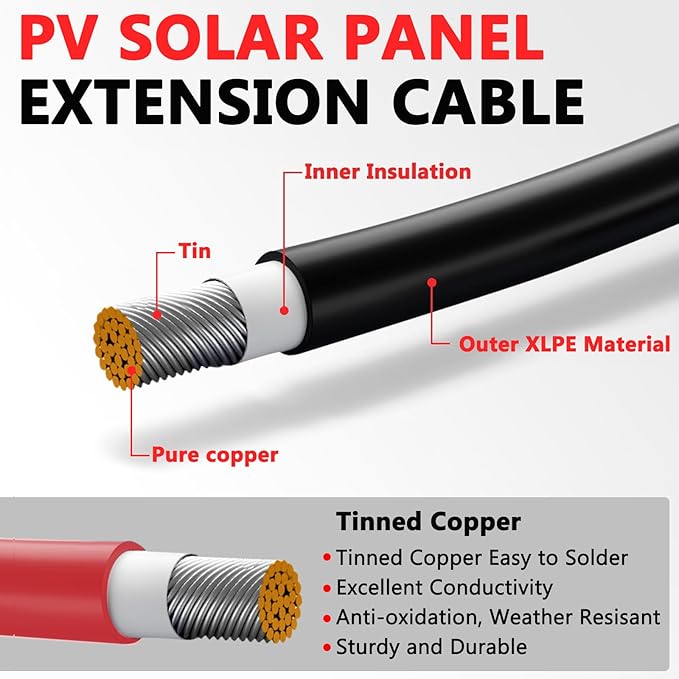 2x50 Feet Solar Panel Extension Cable, 12AWG Solar Cable, Solar Panel Cable with Female and Male Waterproof Connectors for RV, Photovoltaic Systems (50FT Red + 50FT Black)