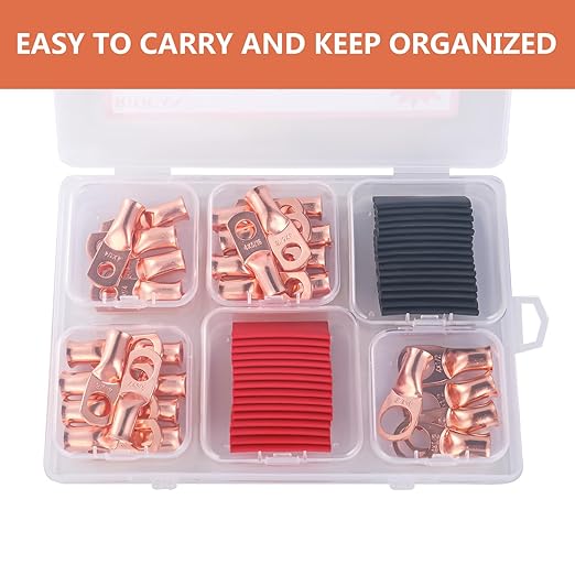 4 AWG Pure Copper Ring Terminal Kit (62 Pcs) - 30 Battery Lugs (1/4", 5/16", 3/8", 1/2") with 32 Heat Shrink Tubes for 4 Gauge Wire in Automotive, Solar, Inverter, Marine, RV Applications