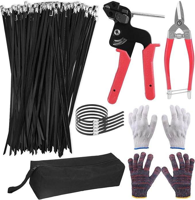 300PCS Metal Zip Ties Gun Kit, 12 Inch Heavy Duty Metal Zip Ties, Multi-Purpose Self-Locking Cable Tie Tool Set for Vehicles Farms Plants Fences Pipe Bundling, Scissors