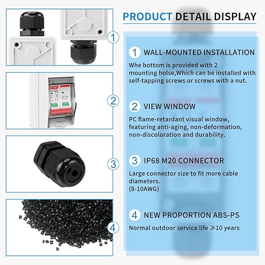 Miniature Circuit Breaker DC1000V 2P 32A,DIN Rail Mount Solar Disconnect Switch,with IP65 Waterproof Distribution Protection Box