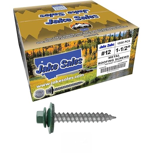 12 x 1-1/2" Ivy Green Metal Roofing Screws - Hex Washer Head- Self-Starting/Tapping - EPDM Washer. 6 X 250 Bags - 1,500 Screws