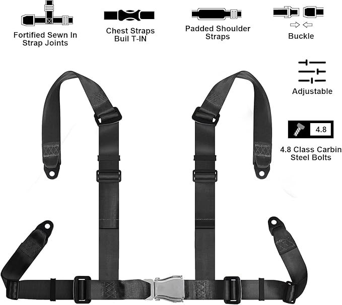 Yakitoko Universal 4 point Safety Harness Set 2" Fits Go Kart,UTV,ATV,Racing Black