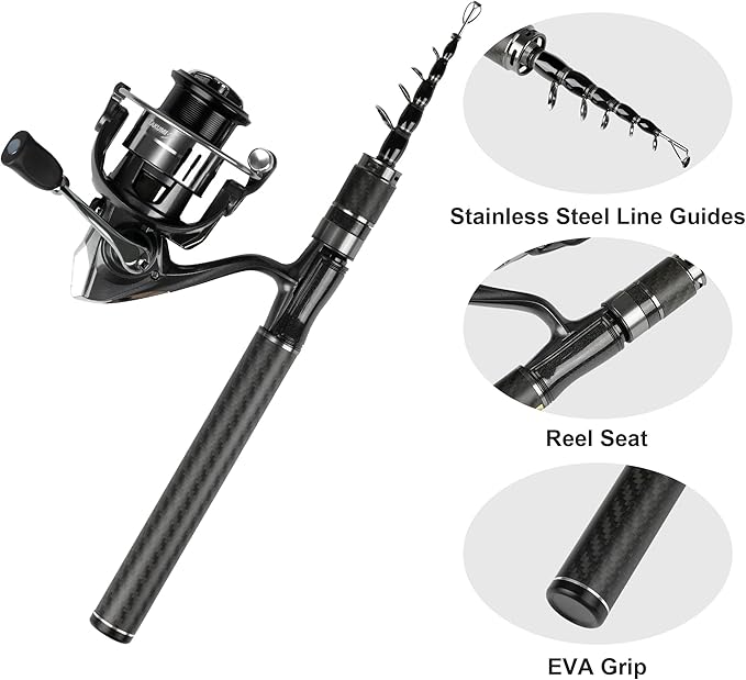 Telescopic Fishing Rod and Carbon Fiber Spinning Reel Combo – Lightweight Travel Fishing Pole Portable Backpack Kit