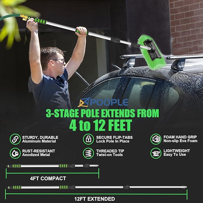 11' Car Wash Brush with Long Handle, 12-inch Flow-Thru Soft Bristle Car Cleaning Brush with Extendable Handle and Hose Attachment for Car, RV, SUV, Truck, Boat, House Siding, Solar Panels,Green