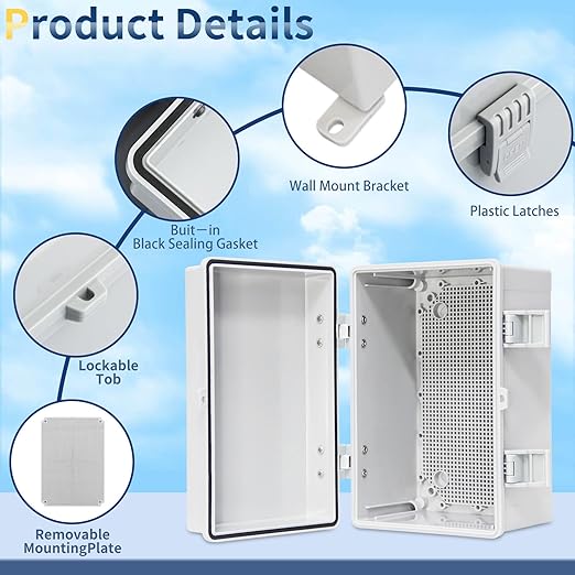 Waterproof Outdoor Junction Box ABS Plastic Electrical Box Wall Brackets Hinged Cover Electric Boximpact-Resistant for Garden, Garage, Solar, and Marine Applications (11.8"x7.8"x6.6")