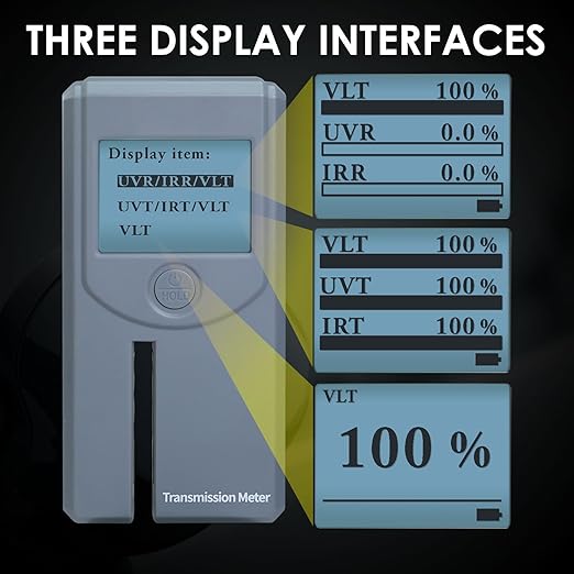 Tint Meter Portable Window Tint Meter Automatic Rotating Screen Window Tint Tester, Automatic Calibration, Measuring VL(Visible Light) UV IR Transmittance and Rejection of Windows, Solar Window Film