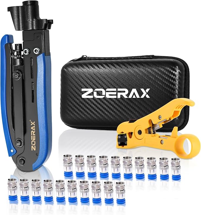 Coax Cable Crimper Tool Kit with Wire Stripper and 20PCS F Connectors – Coax Compression Tool for RG6, RG59, RG11 Coaxial Cables for TV, Internet, Satellite Installations & Home Networking